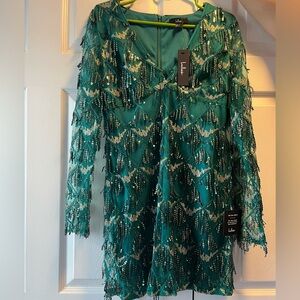 Lulus Playful Composure Green Fringe Sequin Mini Dress NWT